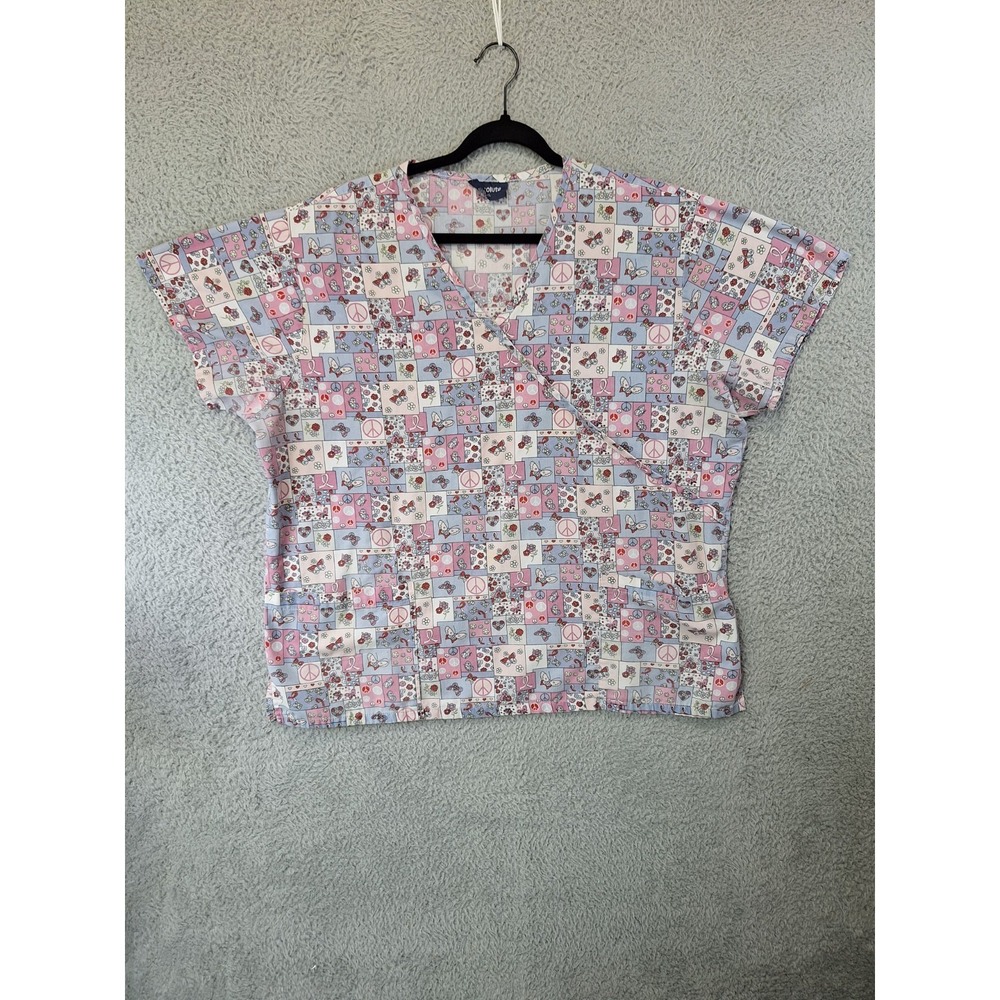 Absolute Scrub Top Womens 2XL Multicolor Butterfly Peace Sign Floral Wrap V-Neck